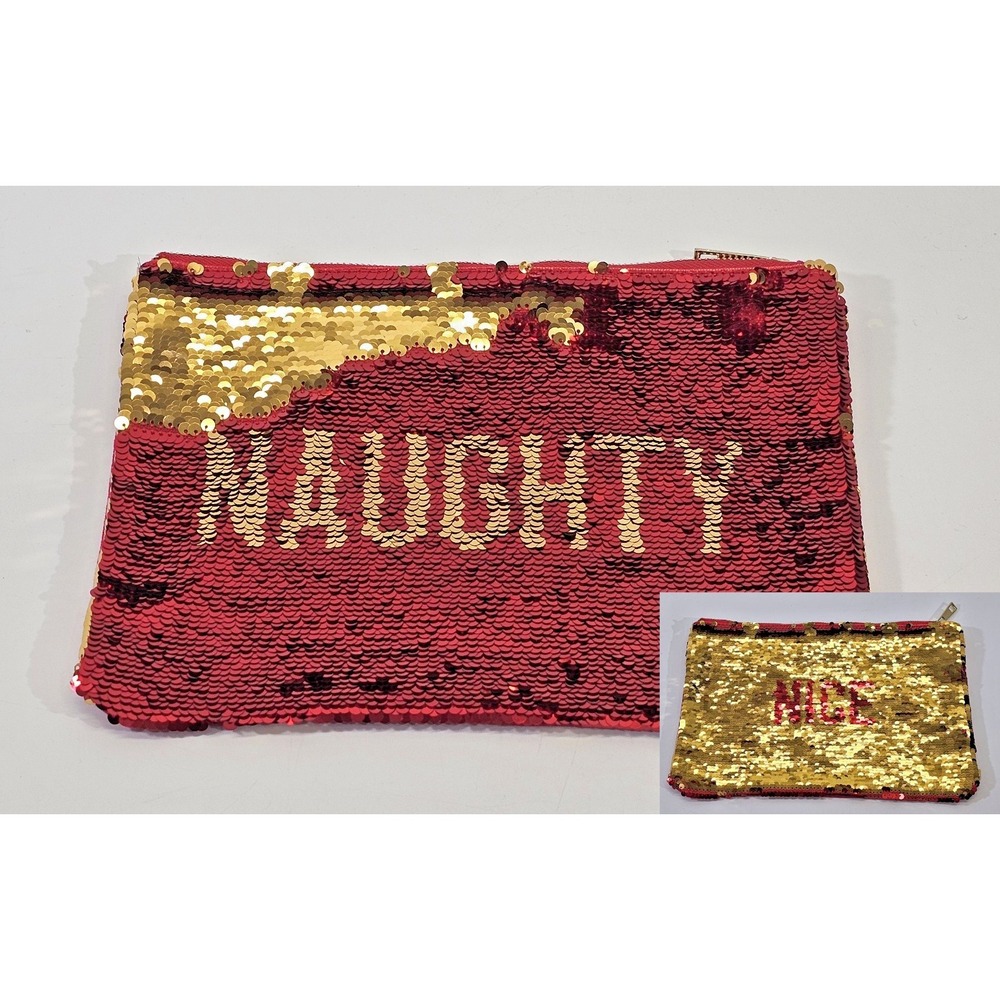 8 Oka Lane Naughty & Nice Sequined Red Gold Clutch Makeup Travel Bag EUC